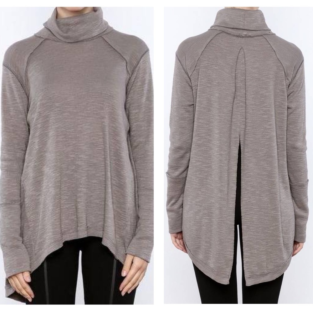 Free People We The Free Gray Knit Split Back High-Low Long Sleeve Top